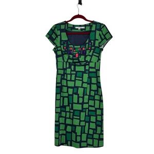 Boden Size 4R Blue/Green Geometric Cotton/Elastane Beaded Dress w Cap Sleeves